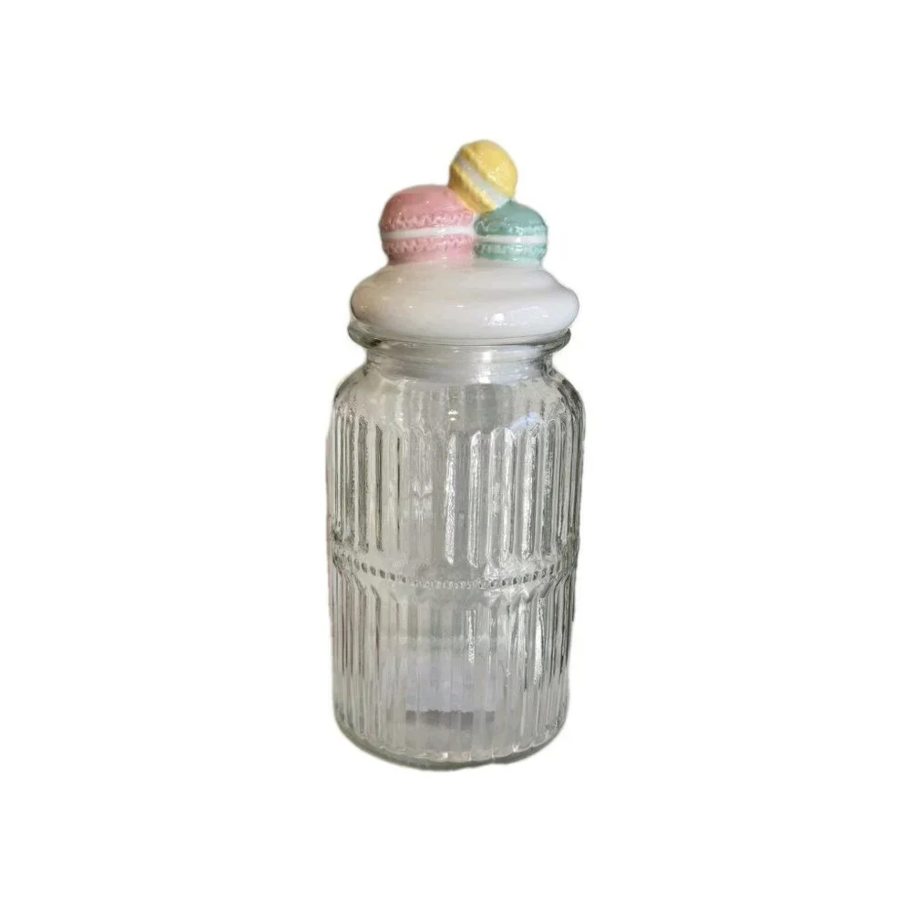 New Shabby Chic Pastel Macaroon Cookie Kitchen Party Glass Canister Jar W/ Lid